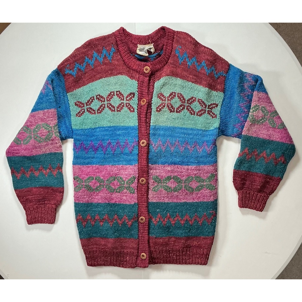 VTG Hand Made in Bolivia Cardigan Sweater Womens XL Lambswool Fair Isle Boho